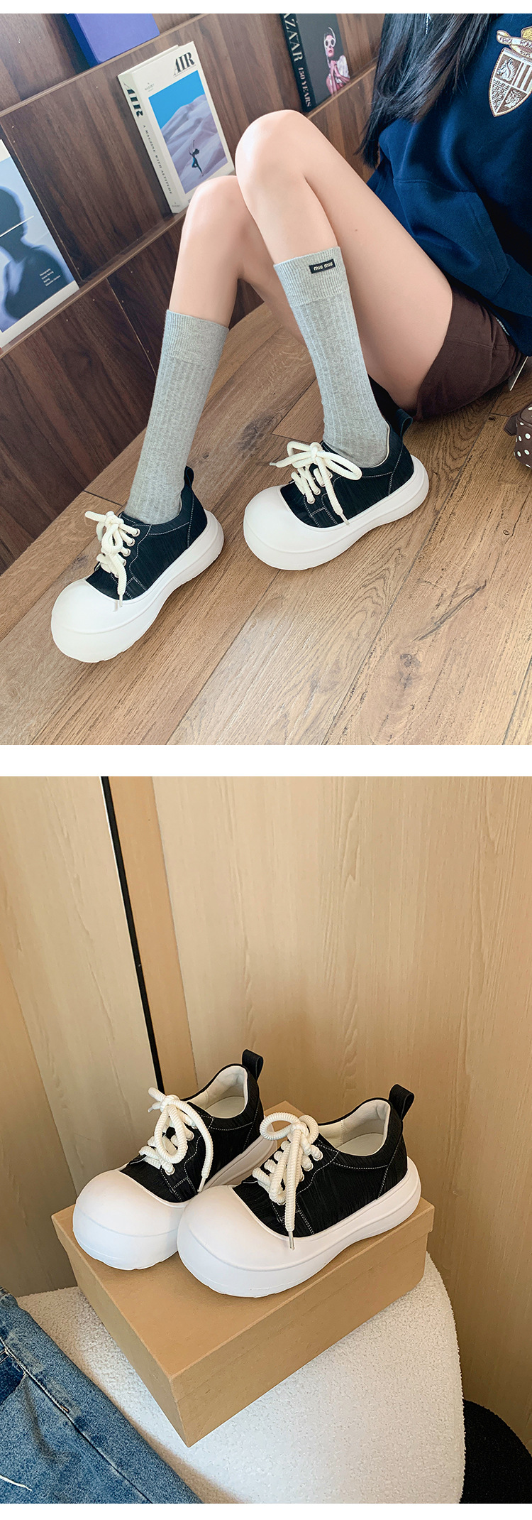 Giày sneaker nữ đế dày chunky mũi to phong cách bánh mì dây buộc tăng chiều cao — màu đen, màu hồng, màu trắng chi tiết 16