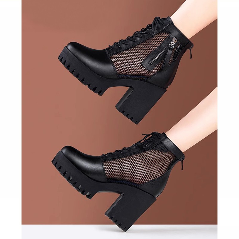 Botas de talón alto para mujeres 2026 nuevo tipo de suela suave ligera de moda versátil con lazos respirables botas frías de talón grueso botas individuales