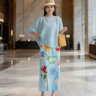 三宅褶皱时尚夏日蓝色印花百褶半身裙套装女度假风显瘦两件套