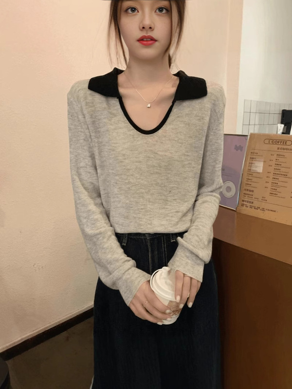 大きいサイズの年齢を減らして色のpolo襟のメリヤスの底のシャツの女性の春秋の太っているmmはやせている洋気の正肩の長袖の上着を現します。|undefined