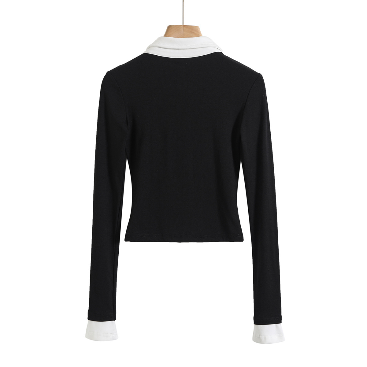 T289-24 가을 새로운 유럽과 미국 스타일의 가짜 투피스 컬러 매칭 디자인 센스 폴로 칼라 싱글 브레스트 긴 소매 짧은 셔츠