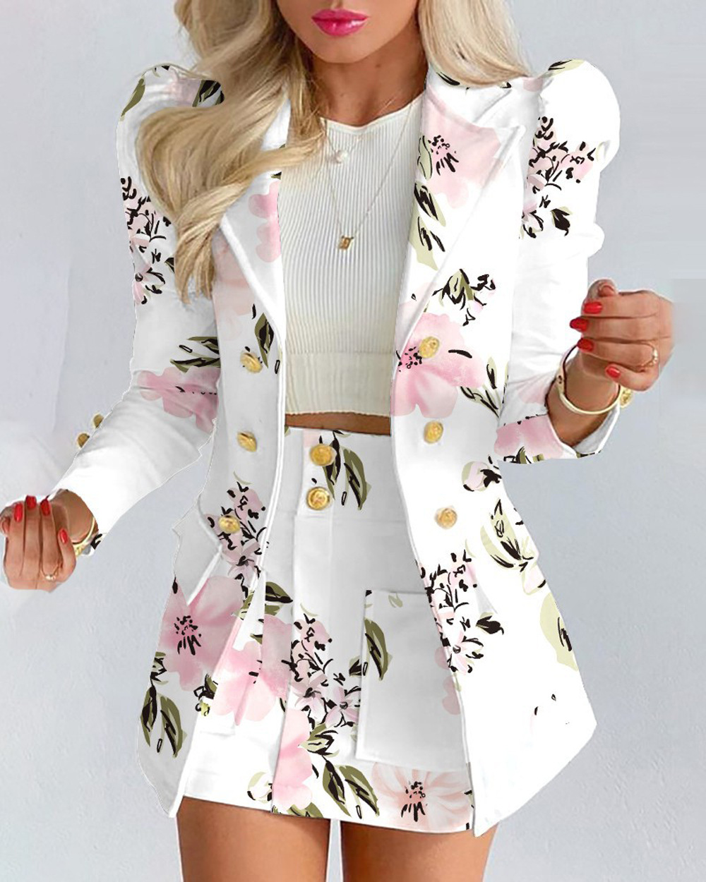 Conjunto de blazer y falda con estampado floral para mujer_voghion.com