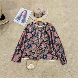 真丝玫瑰花印花香云纱拼盘扣外套复古新中式国风东方韵味改良上衣