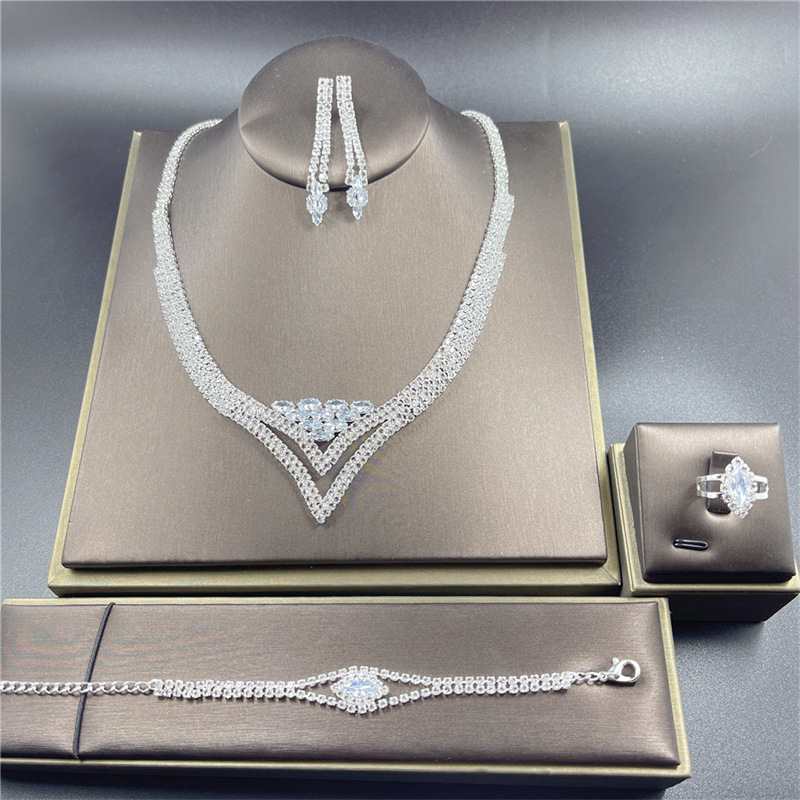 Classic Water Drop Rhinestone Necklace Earrings Ring Bracelet Four Piece Wholesale display picture 2