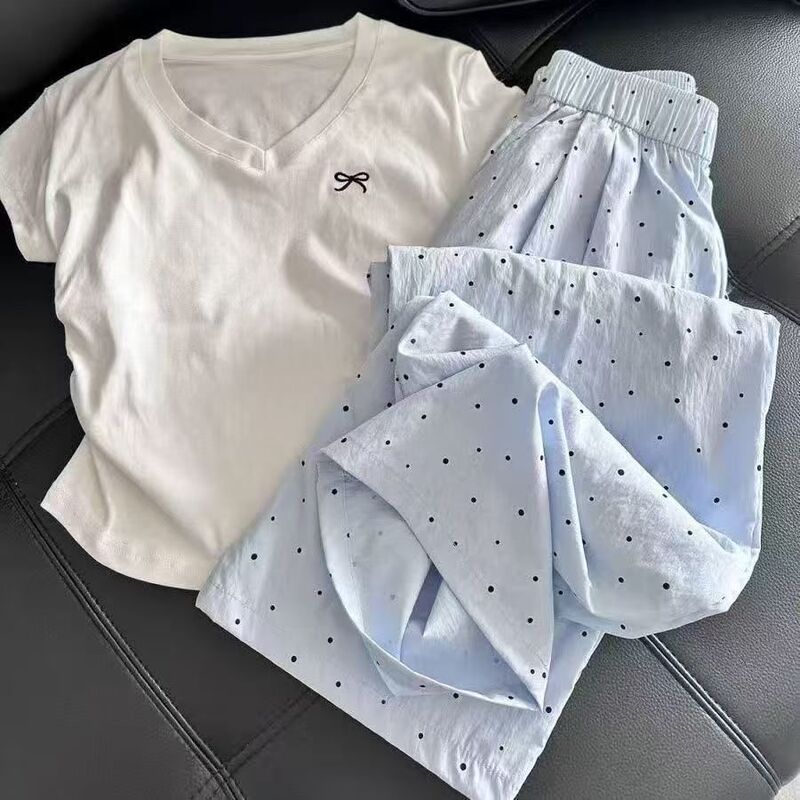 Summer Dopamine Pajamas for Women, Summer V-Neck Bow Short-Sleeved T-Shirt Paired with Polka-Dot High-Waisted Wide-Leg Pants Two-Piece Set