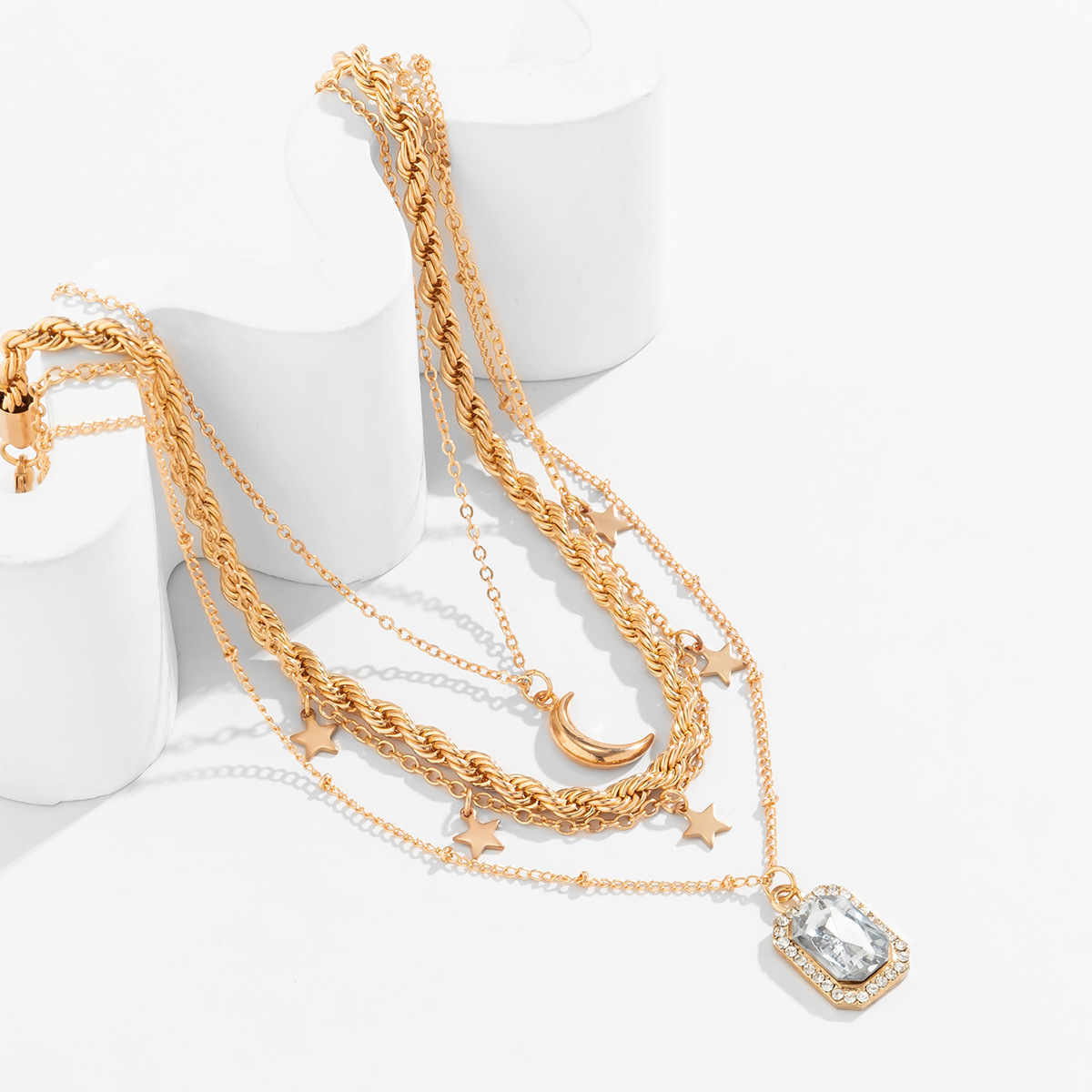 Bijoux Hip-hop Style Pendentif Carré Strass Empilés Avec Collier Étoile Lune Minimaliste Punk_voghion.com