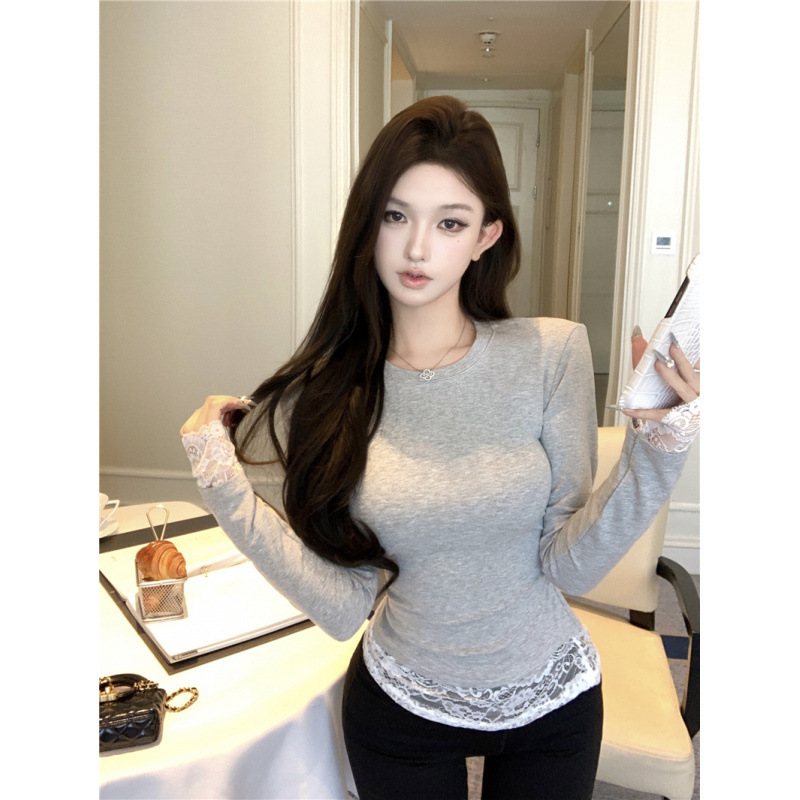 昕可达 下摆拼接蕾丝圆领长袖T恤女新款秋冬收腰显瘦内搭打底衫|undefined