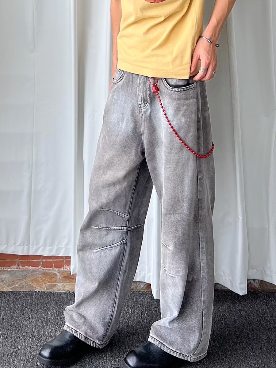 American Vintage Heavy Wash Light Gray Faded Jeans Unisex High Street Loose Fit Wide Leg Straight Pants_mkmklike.com