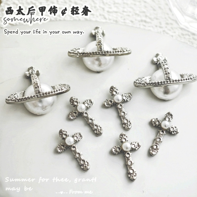 Queen Dowager's Cross Pearl Nail Art Accessories Retro Earth Planet Nail Decoration Light Luxury Crystal Gold Stamping Exquisite