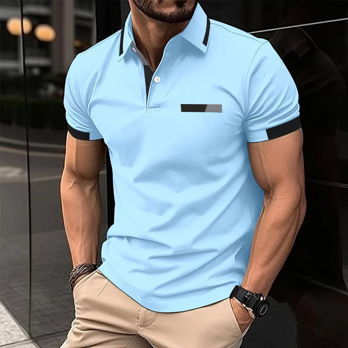 Amazon nuevo transfronterizo de los hombres de la camisa de polo ocasional pecho falso bolsillo solapa botón de negocios camiseta superior de los hombres