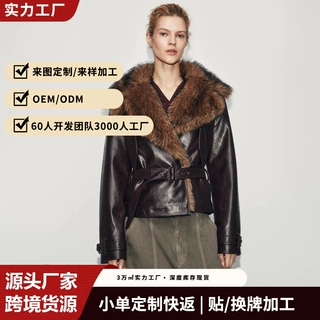 俄罗斯跨境爆款秋冬大翻领环保皮草拼接PU皮衣女收腰显瘦机车外套