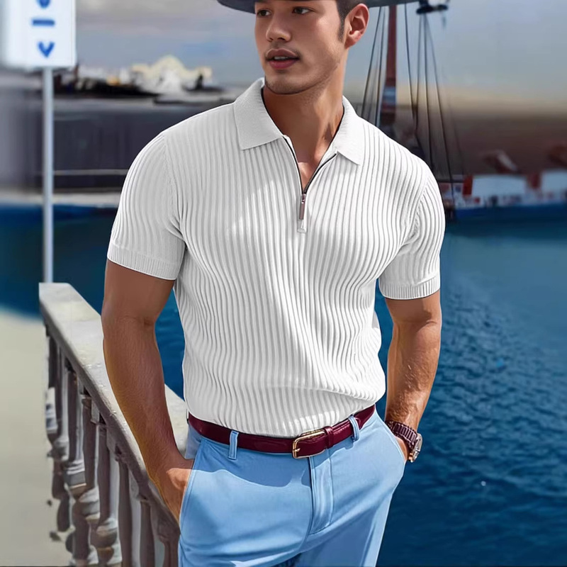 Summer New Style Men's Half-Zip Ribbed Ice Silk Knit Polo Shirt with Turn-Down Collar, Short Sleeves, Light Business Style, High-End Men's Clothing