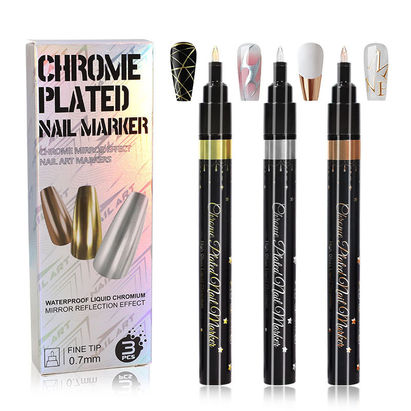 Cruz-frontera uñas arte graffiti pluma cromado espejo de metal marcador pintura flor gancho oro y plata pintado uñas arte pluma