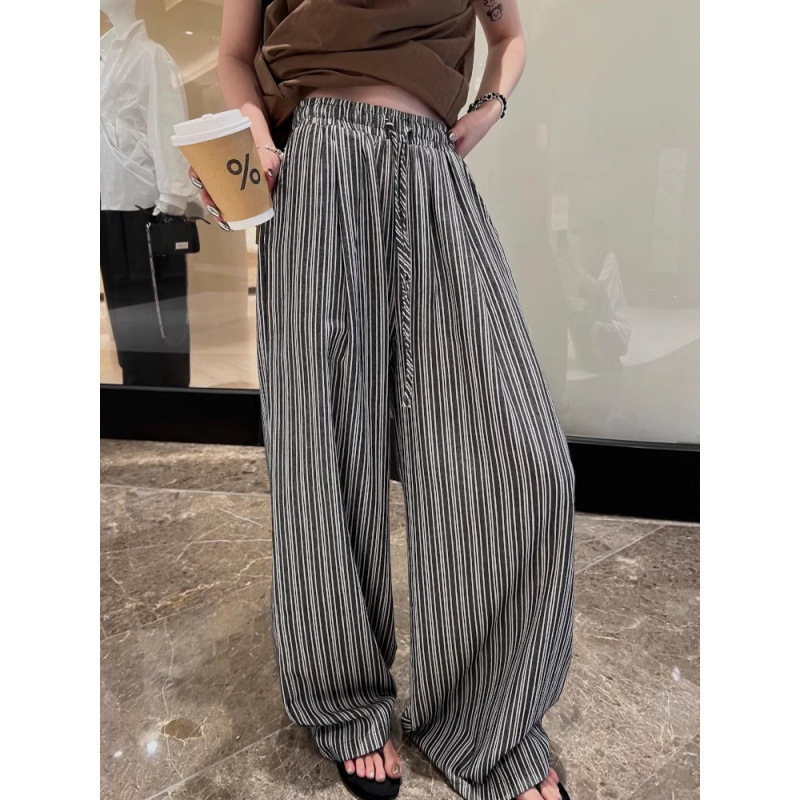 NUNBAI DRAWSTRING 탄성 허리 세로 줄무늬 넓은 다리 바지 여성의 가을과 겨울 플러스 사이즈 통통녀 높은 허리 드레이프 편안한 캐주얼 드래그