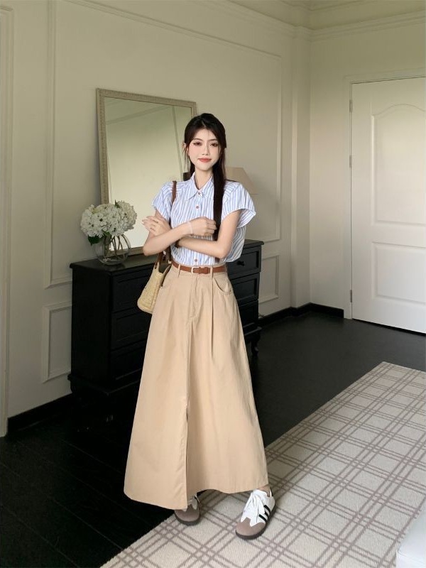 早秋时尚套装条纹衬衫上衣女夏季小个子高腰开叉裙子长裙半身裙两|undefined