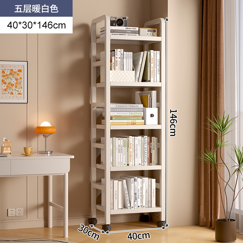 Estante de libros de hierro forjado estante de almacenamiento de piso multicapa polea móvil pequeño estante de libros junto al escritorio simple pared estrecha gabinete de almacenamiento