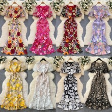 法式优雅重工花朵刺绣圆领灯笼袖收腰显瘦修身鱼尾礼服连衣裙