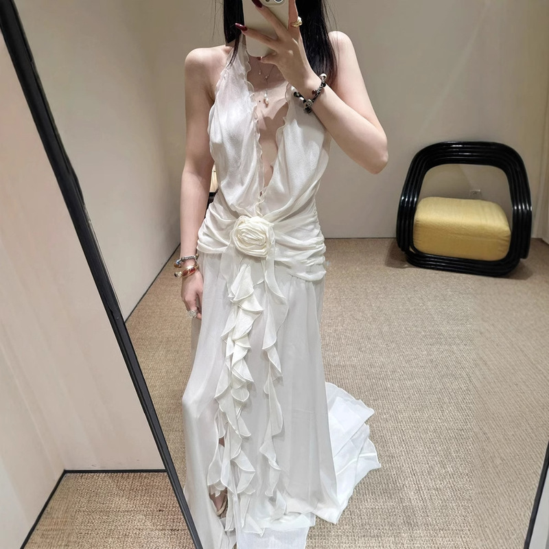 French Style Vacation Style V-neck Hanging Neck Ear-frilly dress Chiffon Three-dimensional Flower Backless Sexy Evening Dress for Women