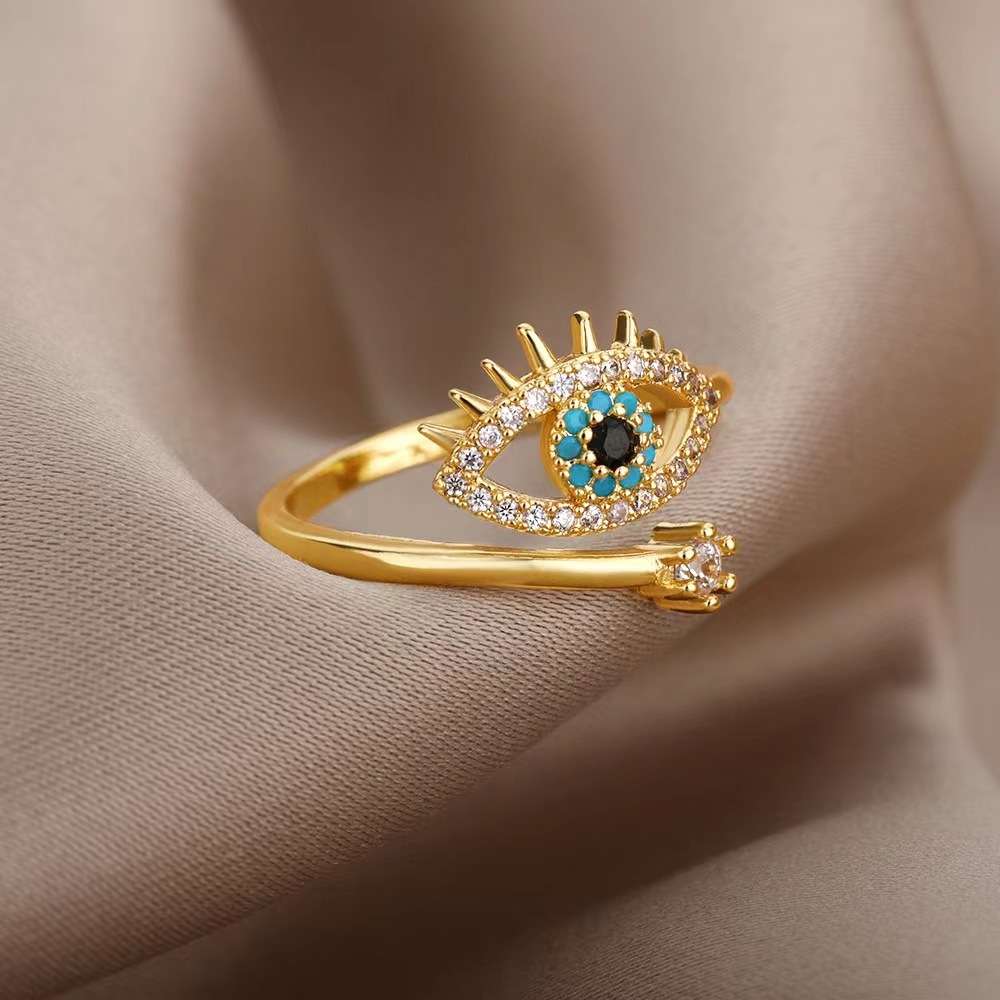 Zircon Inlay Material Open Ring Classification Casual Simple Style Devil's Eye Copper Gold Plated Zircon Open Ring In Bulk