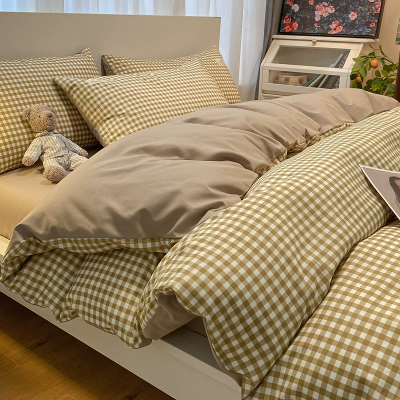 Новый комплект из четырех предметов из стираного хлопка с начесом, чистый хлопок, в клетку, приятный для кожи, для студенческого общежития, одинарный пододеяльник, простыня на резинке, комплект из трех предметов, оптом