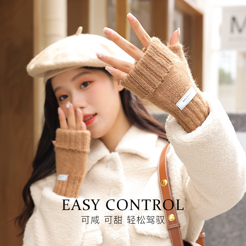 Autumn and Winter New Knitted Gloves Women's Outdoor fleece-lined Thickened Warm Half Finger Touch Screen Wool Gloves Fragrant Style