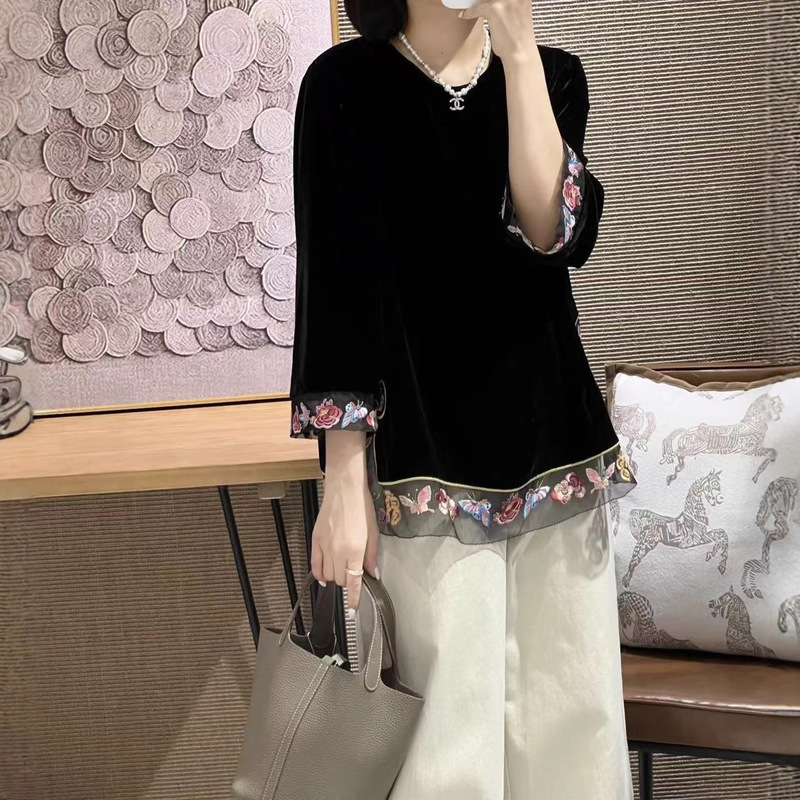2025真丝丝绒轻奢上衣新中式国风重工刺绣绝美小衫上衣百搭洋气|undefined