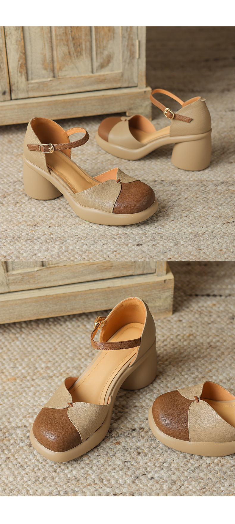 Sandal cao gót nữ bít mũi da cừu phối màu đế dày gót vuông quai ngang — Màu trắng be chi tiết 13