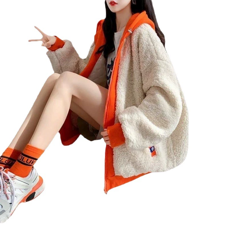 Новая женская флисовая куртка 2025 года с цветовыми блоками, универсальная свободная толстовка с капюшоном в корейском стиле для осени и зимы, уникальный дизайн.