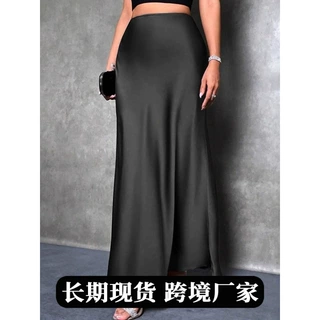 外贸跨境色丁缎面半身裙春夏新款欧美亚马逊简约仿真丝长裙子女装