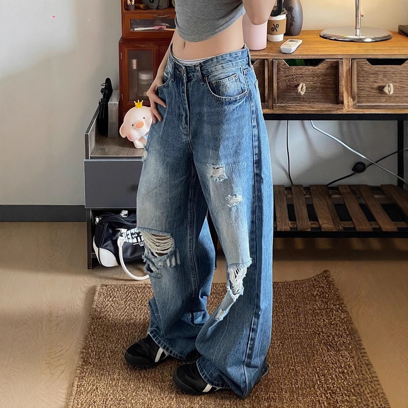 American Street Style Ripped Vintage Jeans Niche Straight-Leg Distressed Stacked Design Trendy Slimming Floor-Length Pants American Street Style Ripped Vintage Jeans Niche Straight-Leg Distressed Stacked Design Trendy Slimming Floor-Length Pants