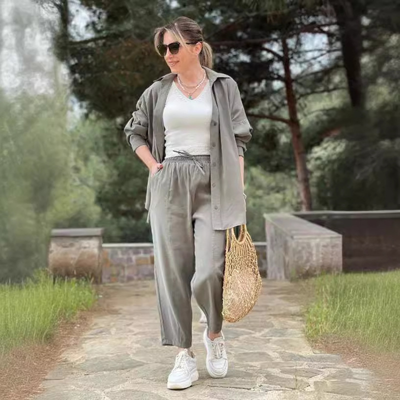 European and American Export Spot Women's Suits 2025 Spring and Summer New Fashion Loose Long-Sleeved Shirt Lace-Up Casual Nine-Point Pants
