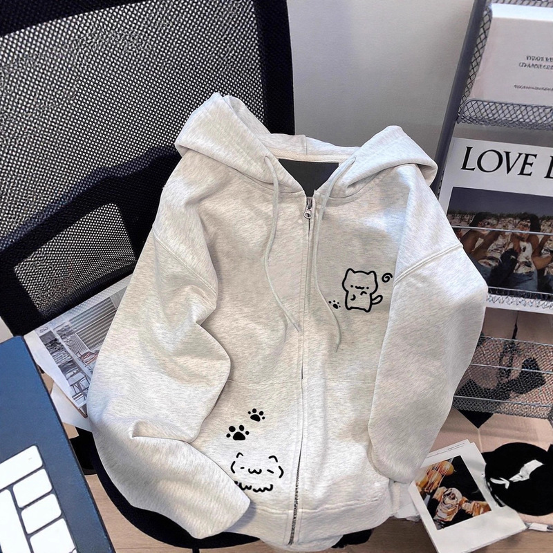 Unique Hooded Sweatshirt for Women, Autumn 2025 New Style, Loose Cardigan with Fleece, Cute Printed Jacket, Trendy Ins Style