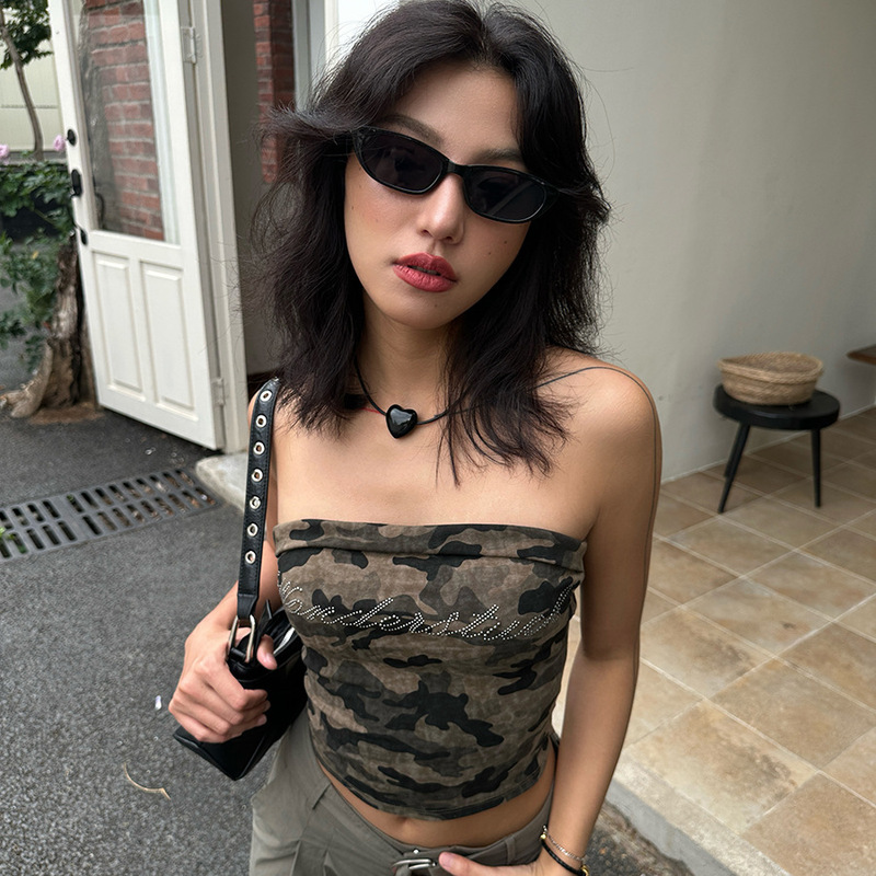 迷彩ホットダイヤモンドスリムフィットレディースチューブトッププリントショートデザイン夏アメリカンホットガールレトロノースリーブベスト|undefined