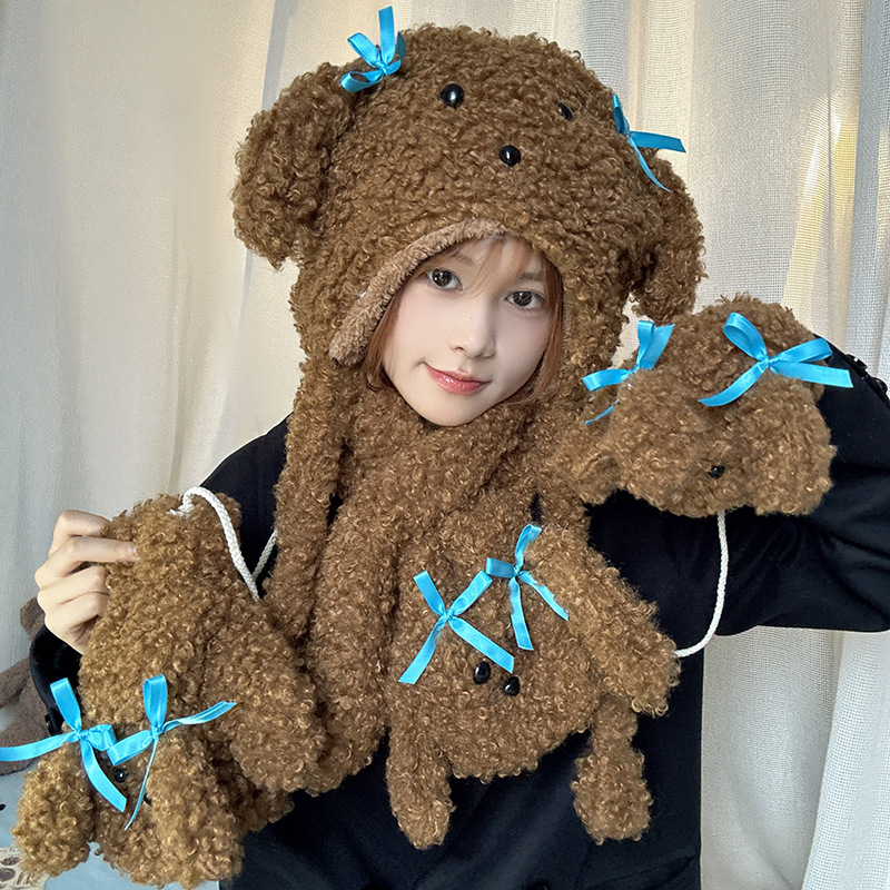 Lazy Holiday~Shop/Teddy Hairy Cartoon Cute Gloves Hat Scarf 3-Piece Set for Autumn and Winter Warmth_voghion.com