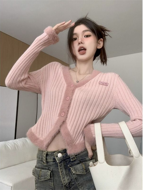 不规则毛毛拼接v领毛衣外套女春秋修身短款打底针织开衫高腰上衣|undefined