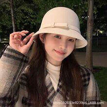赫本小香风毛呢蝴蝶结渔夫帽女法式复古秋冬礼帽优雅白色盆帽子