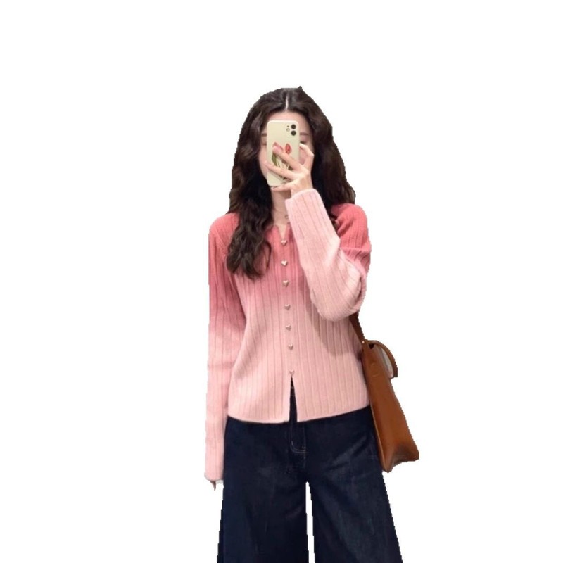 ピンクのグラデーションの高級ニットセーター女性用2025年初春の新しい韓国シックなデザイントップ|undefined