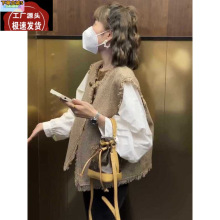 法式小香风双排扣流苏马甲女2023年秋季新款无袖坎肩毛边马夹外套