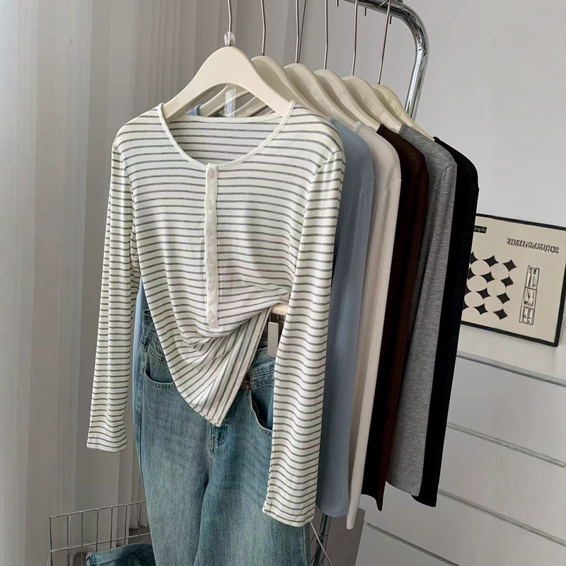 Bi Tencel Wool Button Round Neck Long-Sleeved Bottoming Shirt for Women Early Autumn New Elastic Slim Fit Comfortable Soft Top Bi Tencel Wool Button Round Neck Long-Sleeved Bottoming Shirt for Women Early Autumn New Elastic Slim Fit Comfortable Soft Top