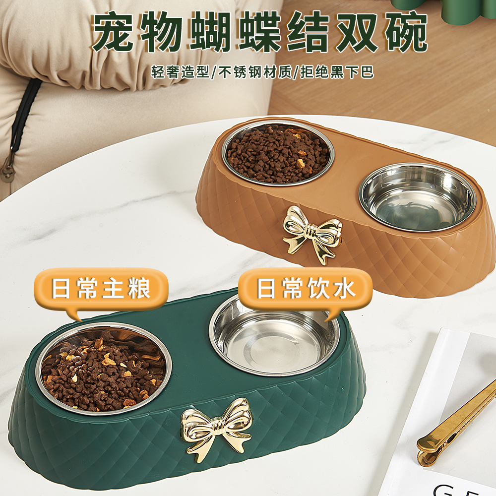 Pets Supplies Amazon new pattern bow Pets Double bowls Stainless steel Dog bowl Water Feed Cat Bowl wholesale