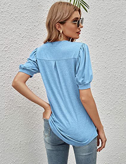 Top Summer Casual V neck Solid Color Puff Sleeve Loose T shirt Women