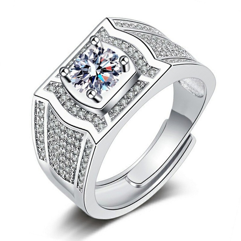 Full Diamond Domineering Silver-Plated Imitation Moissanite Diamond Two-Carat Light Luxury Men's Diamond Ring for Wedding Gift