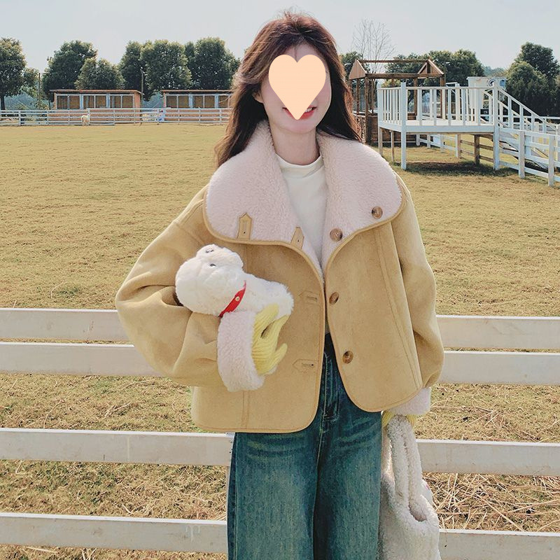 两面穿一体短款外套女秋冬新款黄色减龄翻领小个子羊羔毛上衣|undefined
