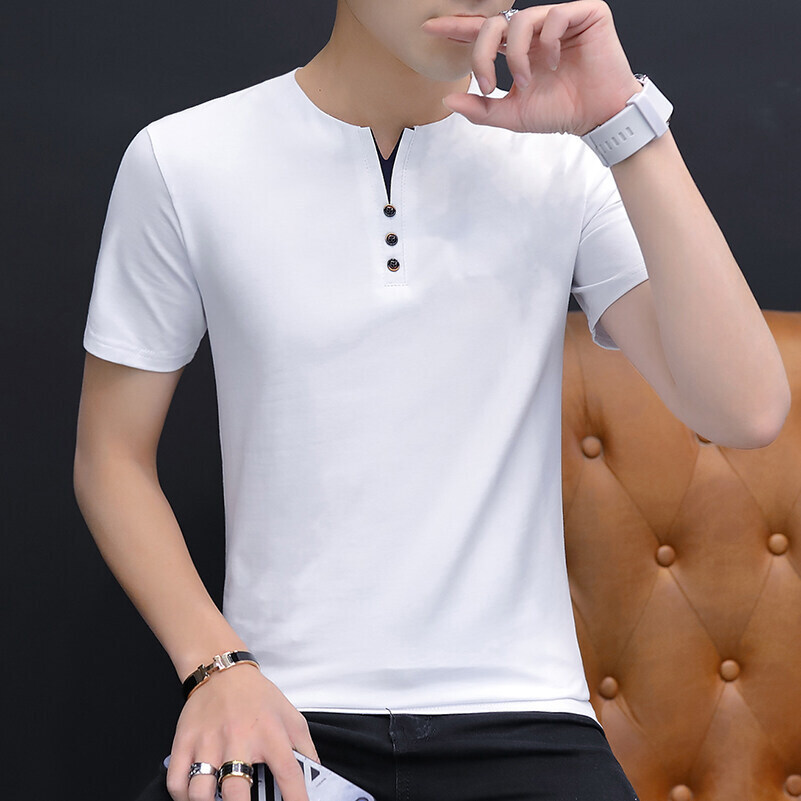 Camiseta de manga corta transfronteriza para hombres tendencia suelta de verano camiseta de cuello en V ropa de camiseta de comercio exterior de algodón universal camiseta base para hombres