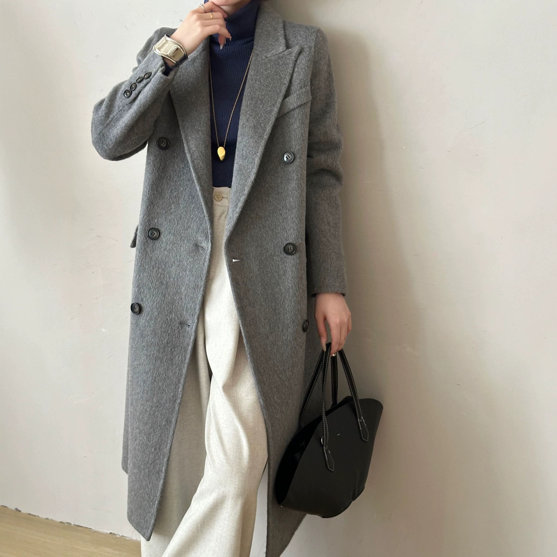 西装领双排扣后下摆开衩长袖加长款双面尼羊毛大衣毛呢外套女秋冬