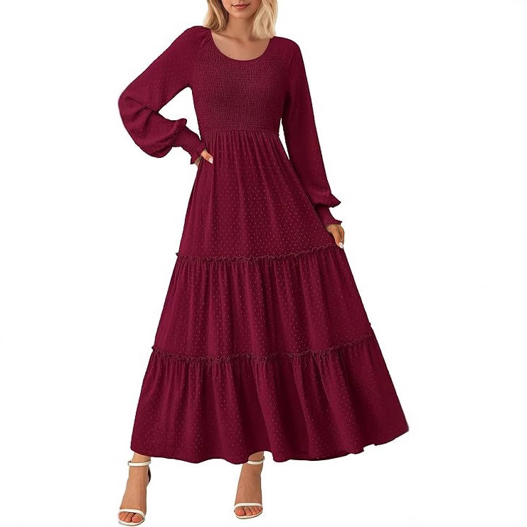 Women's Super Long Bohemian dress Casual Long Sleeve Layered Pleated Elegant Swiss Dot Pleated dress