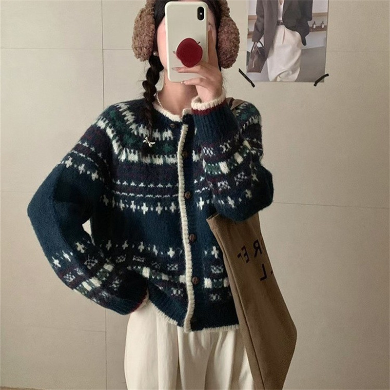 复古费尔岛毛衣外套女装秋冬新款宽松慵懒风加厚软糯针织开衫上衣|undefined