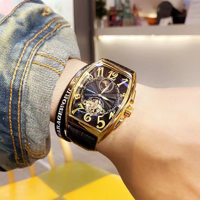 SEWOR reloj mecánico automático para hombre tipo barril cinturón inferior transparente hueco reloj para hombre reloj de personalidad de Vidrio Curvo