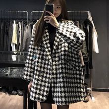 小个子千鸟格毛呢外套2025秋冬季新款宽松中长款夹棉加厚呢子大衣