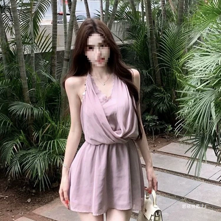 Женское платье с перекрестным вырезом на шее во французском стиле, летнее шифоновое утягивающее короткое платье.